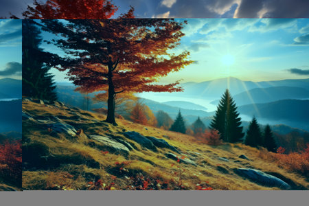 Serenity in the Shadows: The Captivating Drama of Majestic Trees and Sunny Beams at Mountain Valleyの素材