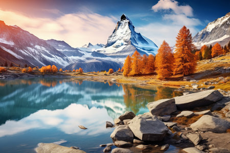 Captivating Autumn Scene: Majestic Morning View of Stellisee Lake with Matterhorn Peak as the Enchanting Background in the Swiss Alpsの素材