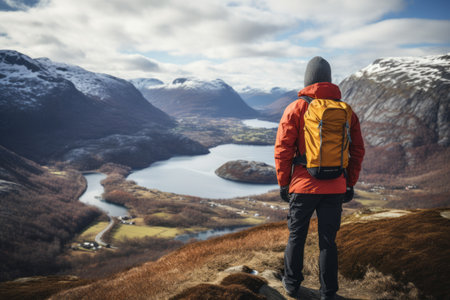 Journeying into Solitude: Adventurer Explores Majestic Mountains with a Backpackの素材