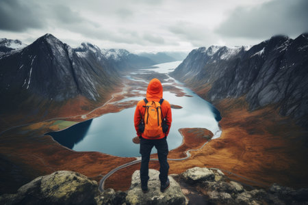 Journey Into the Wild: A Lone Adventurer Hiking Through Majestic Mountainsの素材