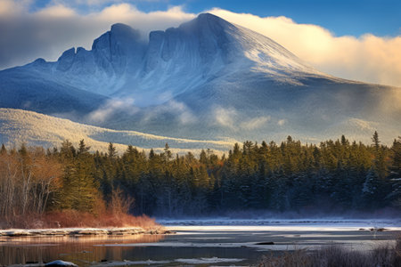 Capturing the Majestic Drama of Katahdin's Snowy Winter Ridge in Stunning Lightの素材