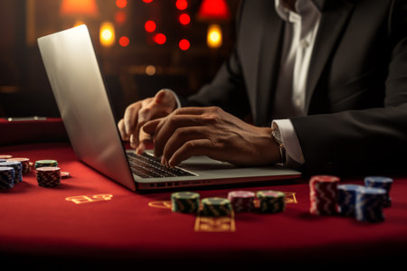 The Serene Gambler: Immersed in Online Casino's World with a Close-Up of a Man Playing Poker on His Laptopの素材