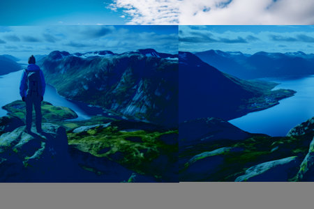 Journey to Solitude: A Lone Adventurer Trekking through Majestic Mountain Ranges with a Trusty Backpackの素材