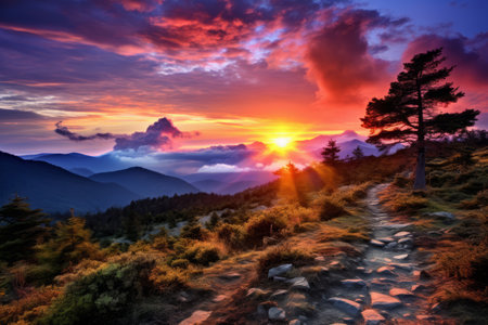 Captivating HDR Image: Serene Sunset Over Majestic Mountain Landscapeの素材