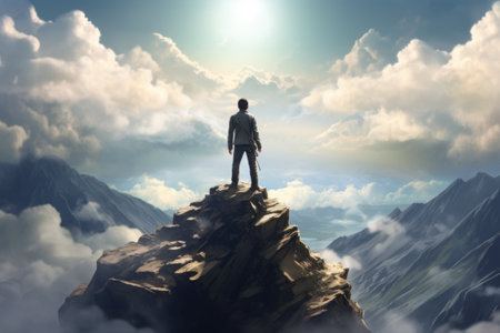 Elevating Perspectives: Man on Top of Mountain Unveils a Futuristic Conceptual Designの素材