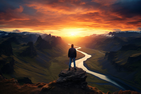 Thriving on the Edge: A Man's Blissful Encounter with the Breathtaking Mountain Vistaの素材