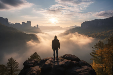 Misty Valley Serenity: Witnessing the Miracle of Nature atop a Sandstone Peak in Saxony, Switzerlandの素材