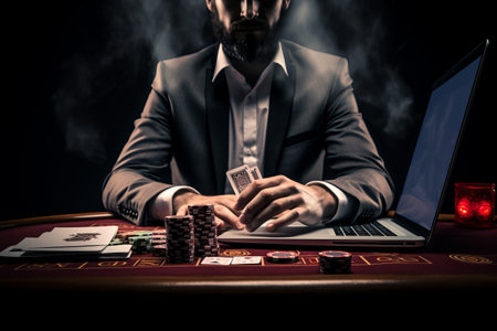 In the Virtual Casino: Relaxing Close-Up of a Man Playing Online Poker on Laptopの素材