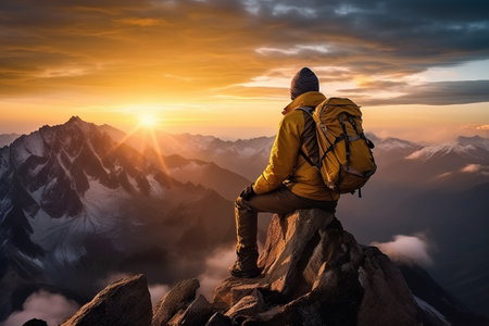 The Solitude of a Mountaineer: Contemplating the Sunset on a Mountain Peakの素材