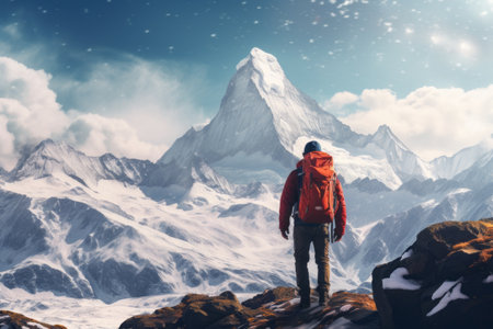 Wanderlust Unleashed: The Man with the Red Hiking Backpack Gazing into the Abyssの素材