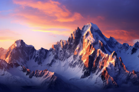 Captivating Beauty: A Serene Mountain Dawn Amidst Snow-Covered Peaksの素材