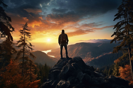 Captivating Sunset Overlook: Man Silhouette Perched on a Sharp Rock Peakの素材