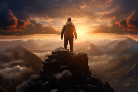 Immersed in Radiant Wilderness: Man's Gaze Beyond the Mountain Peaksの素材