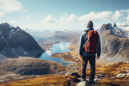 The Adventurous Journey of a Lone Backpacker Exploring Scandinavian Mountainsの素材