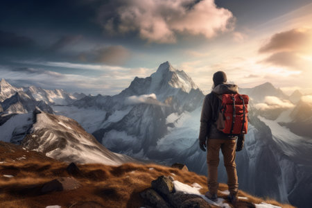 Voyage to the Unknown: An Adventurous Man with a Red Hiking Backpack Gazing into the Distance at the_92の素材