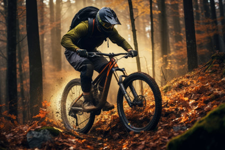 Exhilarating Autumn Adventure: Mountain Biker's Thrilling Ride through Irag439995 Forestの素材