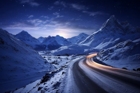 Dazzling Milky Way Painting the Snowy Mountains, Illuminated by Blurred Car Headlights on_72の素材