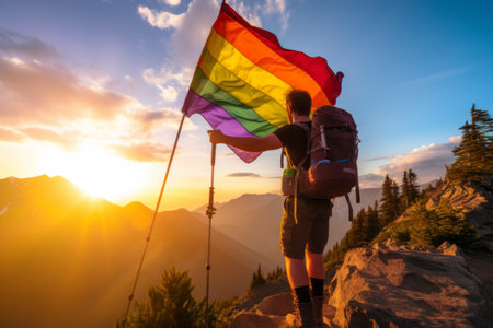 The Adventurous Mountaineer: A Rainbow Wave on His Backの素材