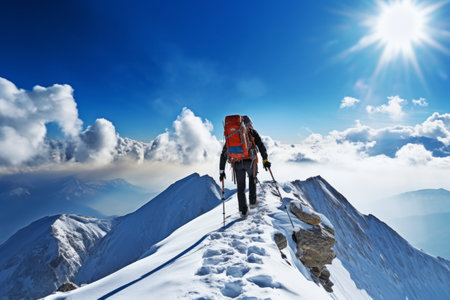 Conquering Heights: A Mountaineer's Triumph on a Sunny Winter Day in the Western Alps, Biella, Italyの素材
