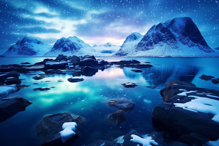 Winter Nights in Lofoten: A Stunning Arctic Landscape with Milky Way, Snowy Mountains, and Frozen Seaの素材
