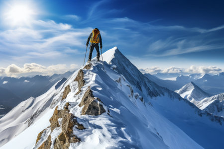 Awe-Inspiring Achievement: Mountaineer Conquers Snowy Peak on Glorious Winter Day in Western Alps, Biella, Italyの素材