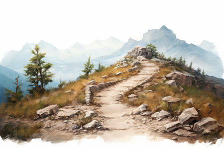 Tranquil Mountain Path on White Background: Finding Relaxation in ar 3 2 irag439995 relaxed_95の素材