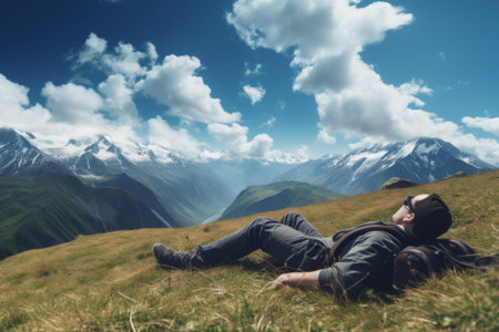 Tranquil Respite: A Mountain Hiker's Serene Pause in the Valleyの素材