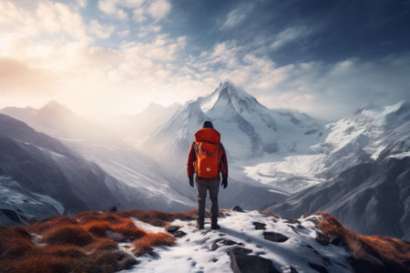 The Adventurous Wanderer: A Man with a Red Hiking Backpack Gazing into the Never-ending 99の素材