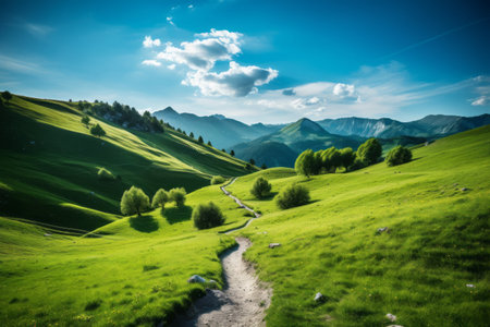 Tranquil Mountain Path amidst Breathtaking Green Hill Landscapeの素材