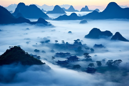 Mystical Morning: Enchanting Misty Mountains in Zixi County, Fuzhouの素材