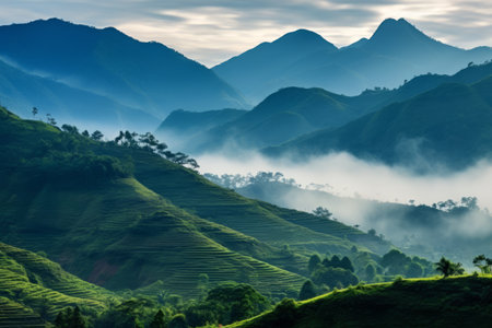 Majestic Morning: Captivating Misty Mountains in God's Own Country - A Tranquil Paradise for Nature Loversの素材