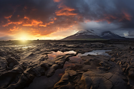 Captivating Summer Sunset: A Panoramic Drama of Mountain Range, Glacier, Asperitas Cloud, Sand Storm, and Lava Field in Icelandの素材