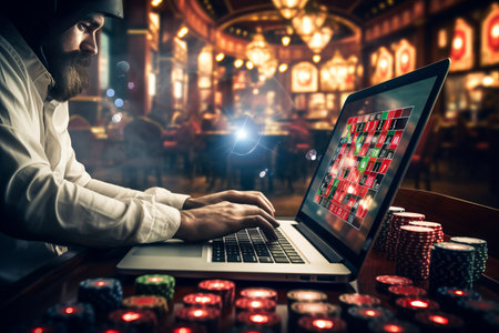 Exploring the Thrills of Online Casino Gaming: A close-up of an Engaged Gamer's Hands on a Laptop with a Creative Slot Machine and Exciting Gamesの素材