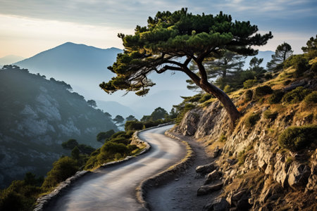 Majestic Mountain Scenery: Capturing the Serenity of a Winding Road near AR 3-2 Irag439995の素材