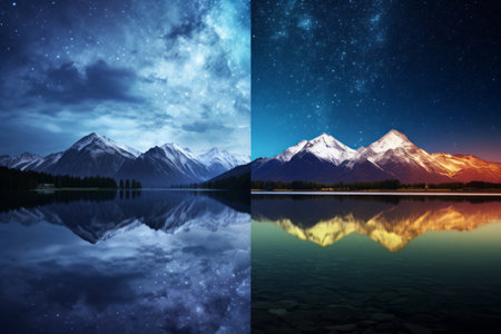Celestial Majesty: A Breathtaking Collage of the Night Sky, Milky Way, and Tranquil Mountain Lakeの素材