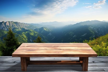 Serenity amidst Nature: Captivating Outdoor Wooden Table amidst a Blurred Mountain Landscapeの素材