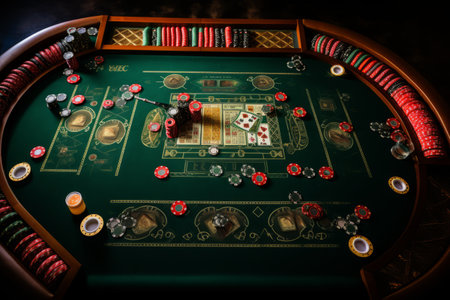 A Captivating Glimpse at a Serene Blackjack Table: Overhead View of a Casino's Lively Atmosphereの素材