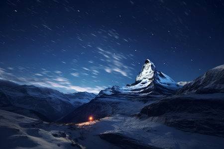 Flying Above Clouds: The Enchanting Night Encounter with the Majestic Matterhorn Mountainの素材
