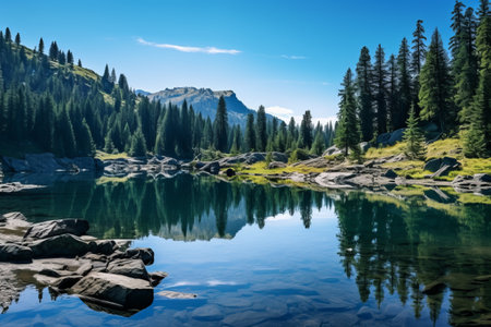 Enchanting Mountain Oasis: A Serene Blue Lake amid a Majestic Evergreen Forestの素材
