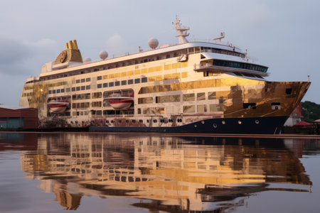 Captivating Reflection: Beautiful Exterior of Luxurious Floating Casino Cruise Ship in Panjim, Goaの素材