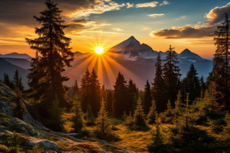 Capturing the Majestic Beauty: A Panoramic View of Carpathian Forests and Mountains, Illuminated by the Sun - Slova_96の素材