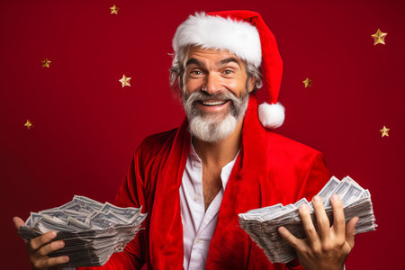Christmas Miracle: Lucky Young Businessman Embraces Santa's Surprise with Flying Dollars!の素材