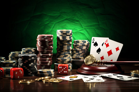 Prohibited Gambling: Unveiling the Intriguing World of Playing Cards, Handcuffs, Gavel, and Chips on a Green Tableの素材