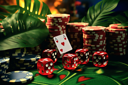 Capture the Excitement: A Winning Hand in the Casino - Dice Chips Palm on Green Tableの素材