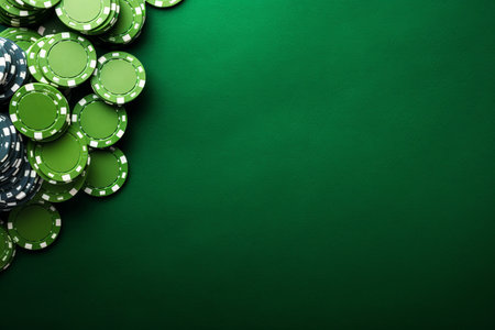 Gambling Bliss: A Captivating Top View of Poker Chips on a Green Tableの素材