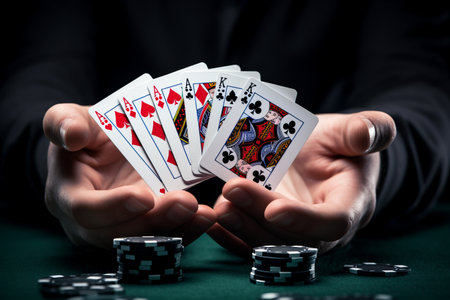 The Ultimate Victory: Embracing the Winning Royal Flush in a Casino's Intense Poker Game - A Conception of Gambling Triumph and Competitive Success!の素材