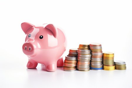 Gambling Savings: Piggy Bank and Money Coins Stack with Casino Chips on White Backgroundの素材