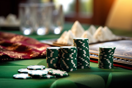 The Serene Ambiance: Unwind with Poker Chips on a Green Tableclothの素材