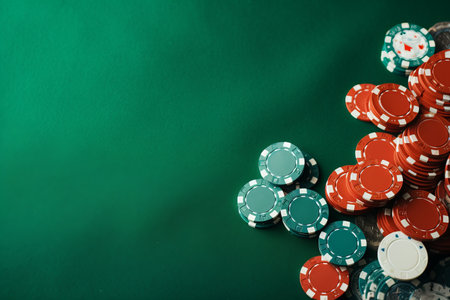 Gambling Serenity: Exploring the Green Tabletop, Poker Chips, and Copy Spaceの素材