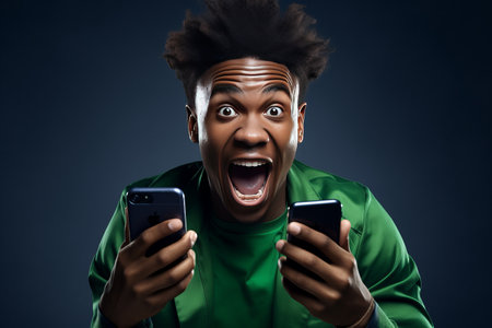 Emotional Rollercoaster: A Portrait of a Young Black Man Delighted by a Winning Goal, Yet Stressed about a Soccer Bet on his Beloved Teamの素材